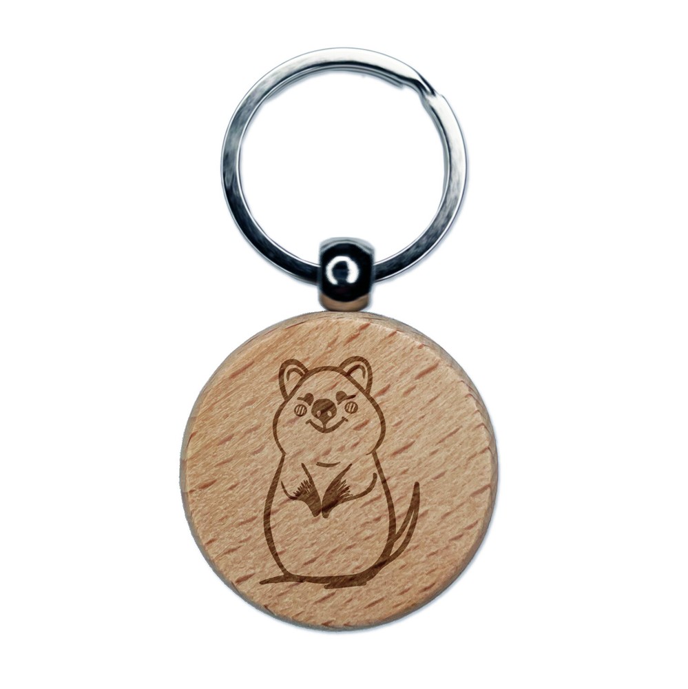 Cheerful Standing Quokka Engraved Wood Round Keychain Tag Charm