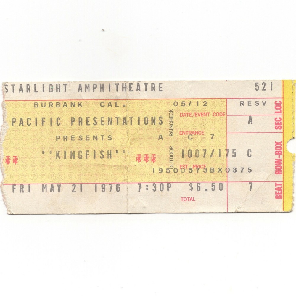 Rare KINGFISH Concert Ticket Stub BURBANK CA 5/21/76 STARLIGHT GRATEFUL DEAD
