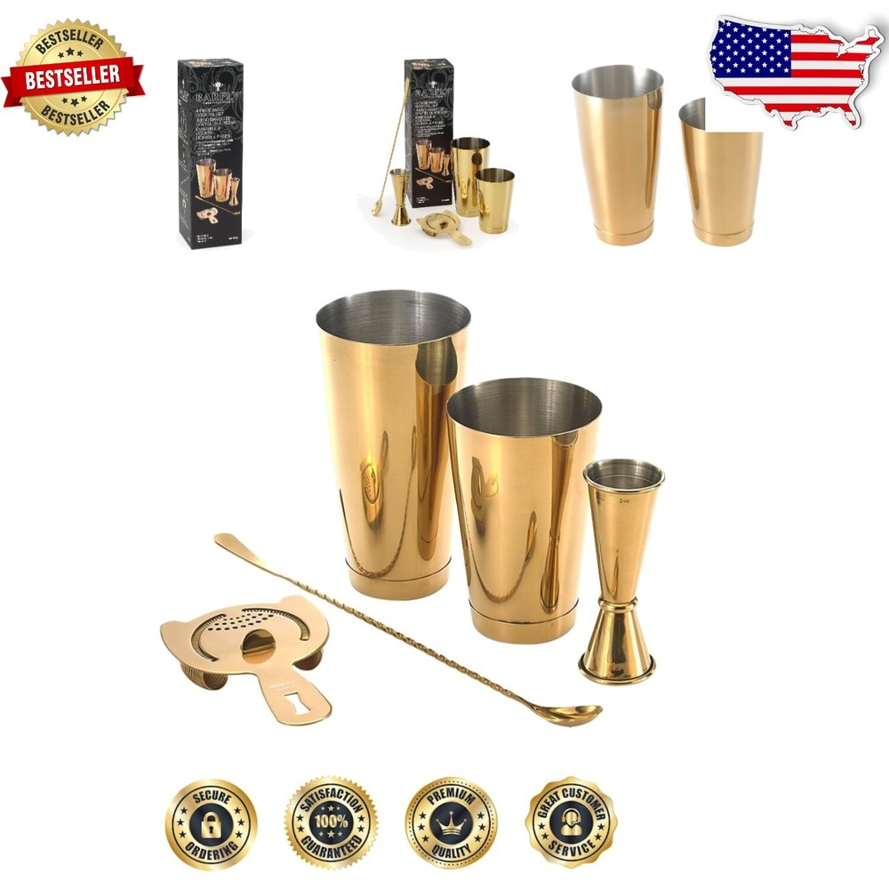 Compact Gold Cocktail Shaker Set - 5-Piece Barware Essentials for Mixology