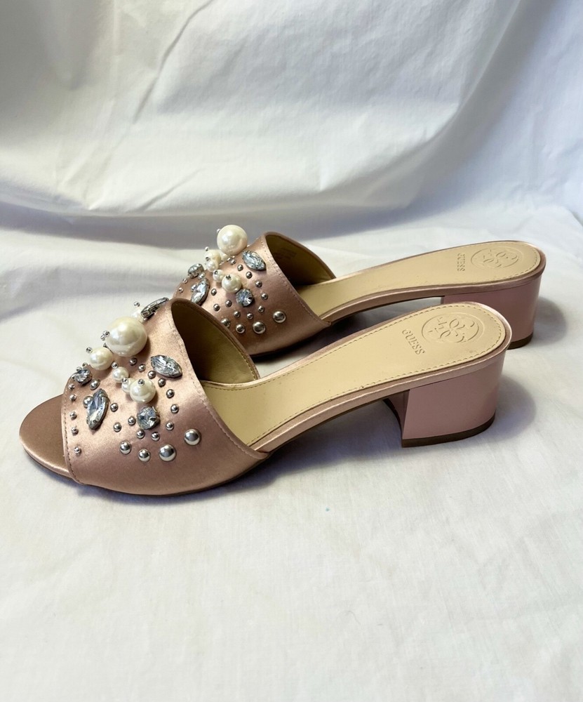 New Women's Shoes - Pink block heel sandles, embelished w pearls - 9 1/2