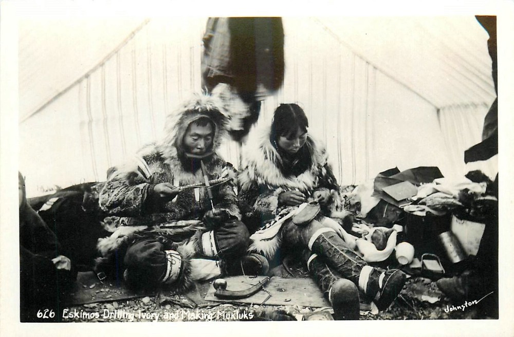 1950s Alaska Eskimo Drilling Ivory Making Mukluks Native Postcard RPPC 25-642