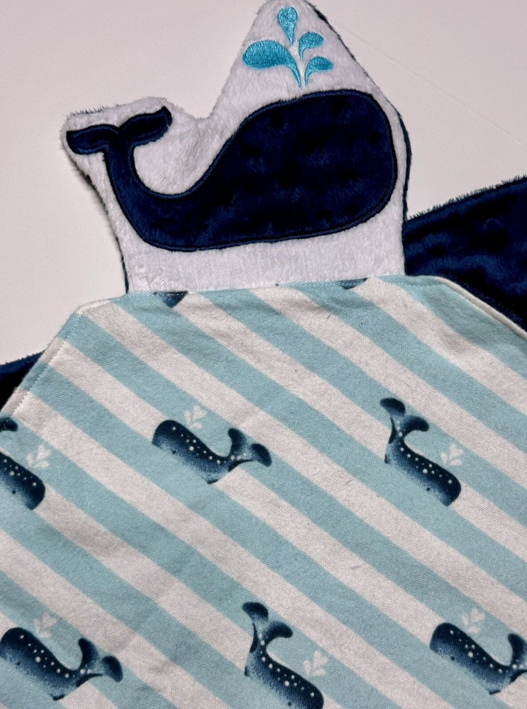 Navy Whale Baby  Lovey Security Blanket Appliquéd Flannel Minky Baby Gift