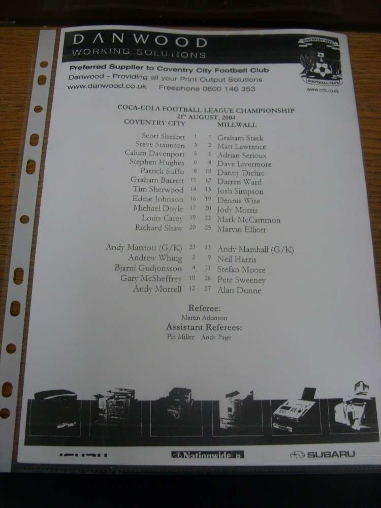 21/08/2004 Teamsheet: Coventry City v Millwall  (Single Sheet, Black & White Ver