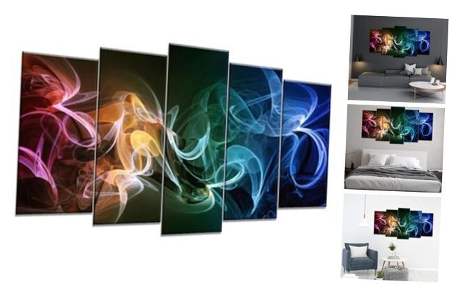 5 Pieces Modern Large Canvas Wall Art Colorful Waves Abstract Colorful Smoke