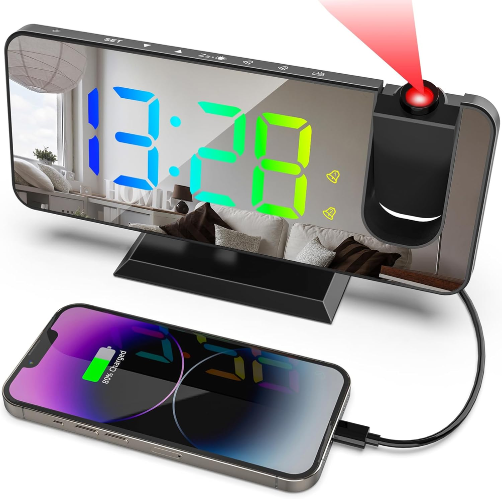 RGB Projection Alarm Clock with 11 Colors for Bedroom Ceiling & Large Display