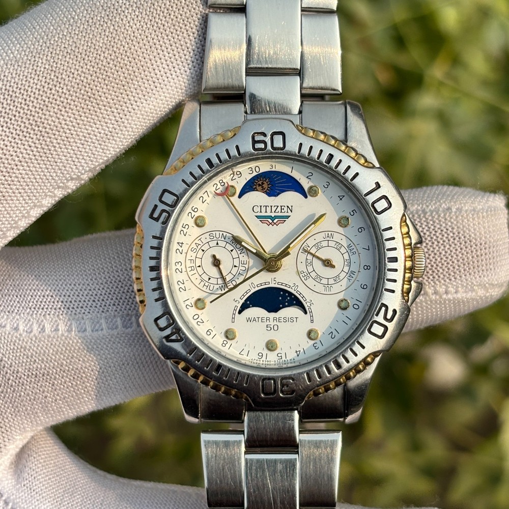 Vintage Citizen Double Moon & Sun Phase Pointer Date Japan Men Quartz Watch 6390