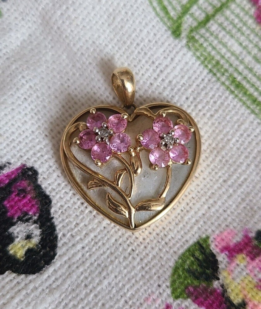 Round Cut Simulated Pink Sapphire Flower In Heart Pendant 14K Yellow Gold Plated