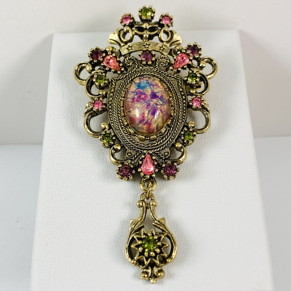 VTG SARAH COVENTRY Signed Simulated Foil Opal Rhinestone Crown Brooch Pendant