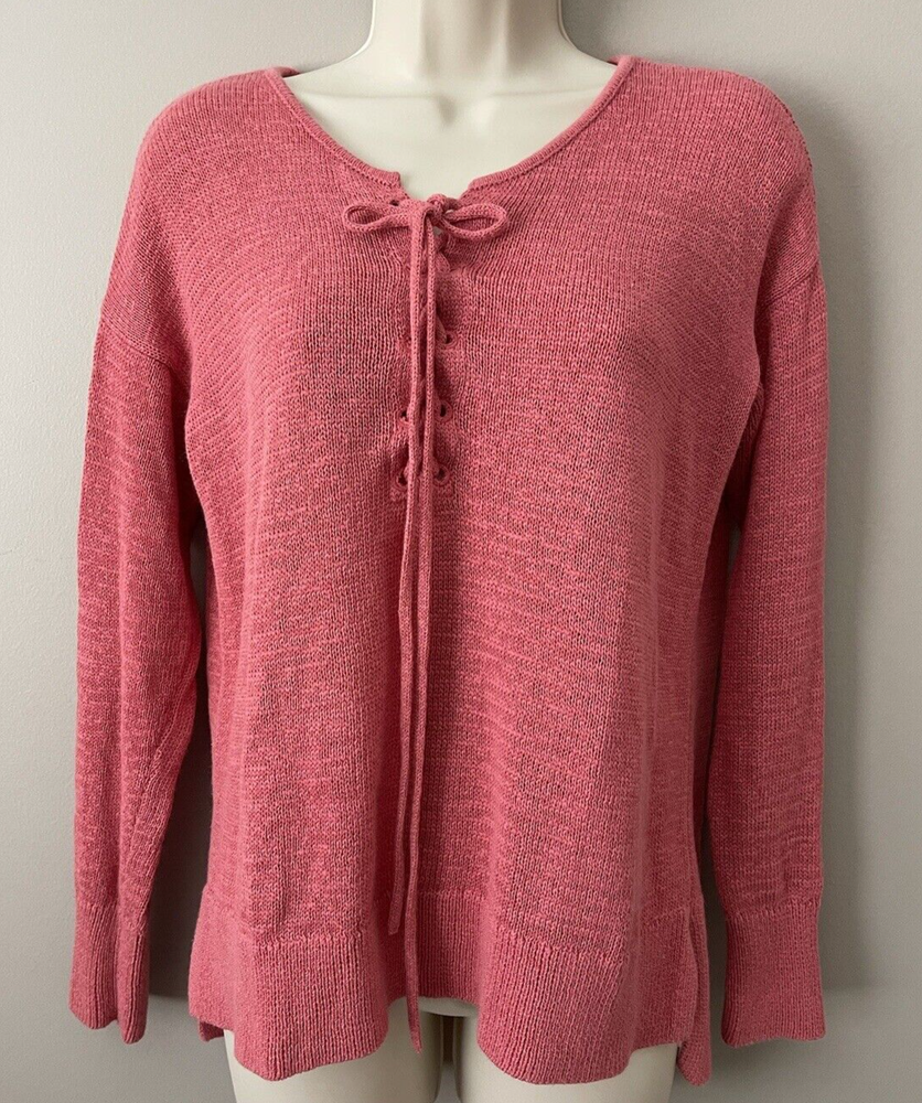ANN TAYLOR LOFT Lace-Up Knit Pullover Sweater Coral Cotton Blend S Small EXC-
