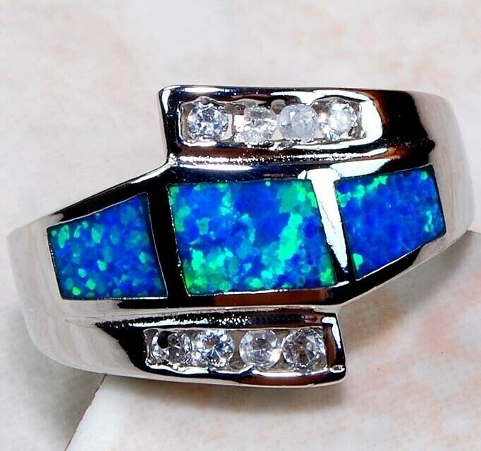 Australian Opal Inlay & Topaz 925 Solid Sterling Silver Ring Jewelry Sz 7 DT3