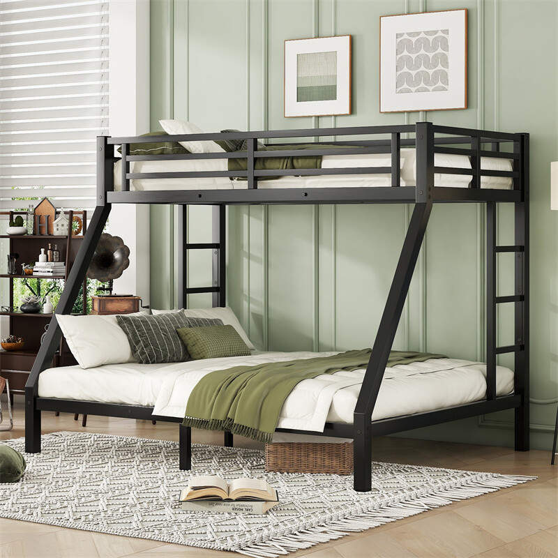 Metal Twin XL Over Queen Bunk Bed with 2 Side Ladder for Teens and Adults Black