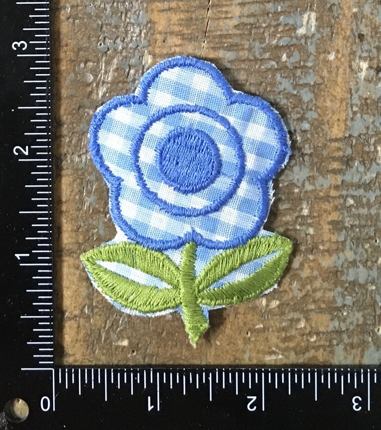 Vintage FLOWER Blue Gingham Print Plant Floral Leaves Garden Iron-On Patch