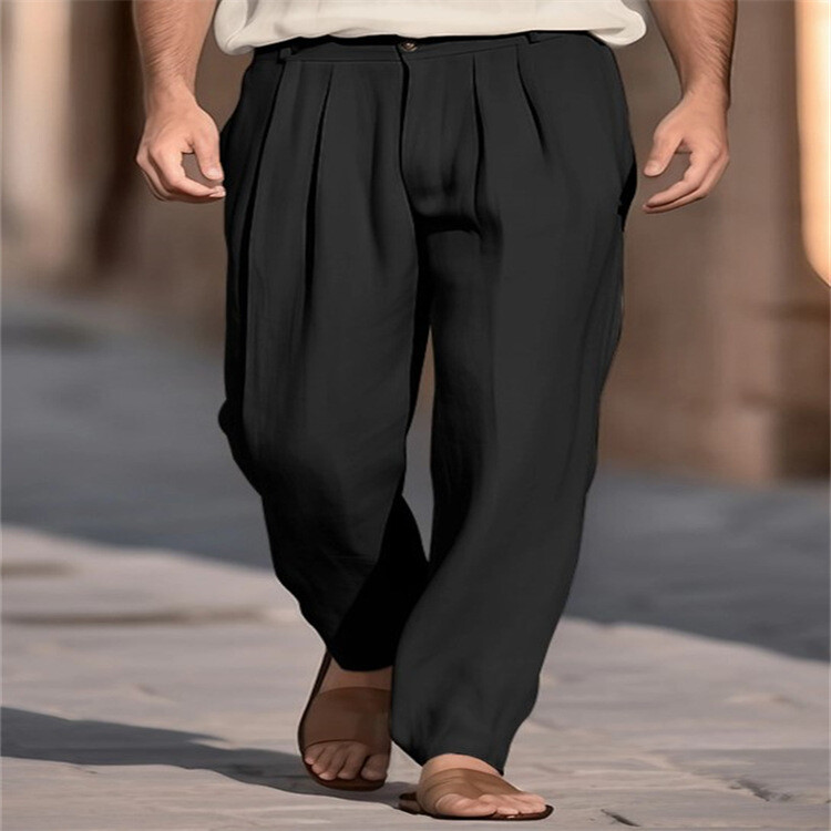 Men's Linen-Blend Pleated Front Pocket Casual Straight Trousers Breathable
