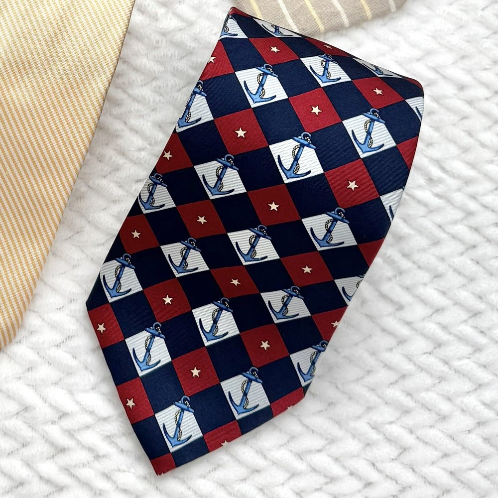 Vintage Tommy Hilfiger Italian Silk Nautical Tie Red Blue USA Preppy