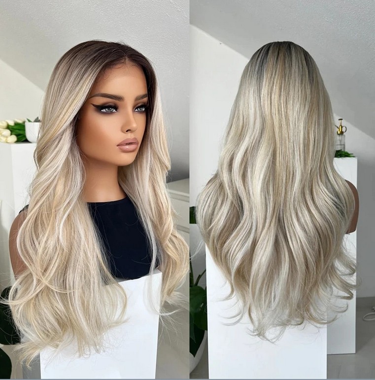 Ombre Platinum Blonde Highlight Wave Wig 13x4 Lace Front 100%  Human Hair Wig