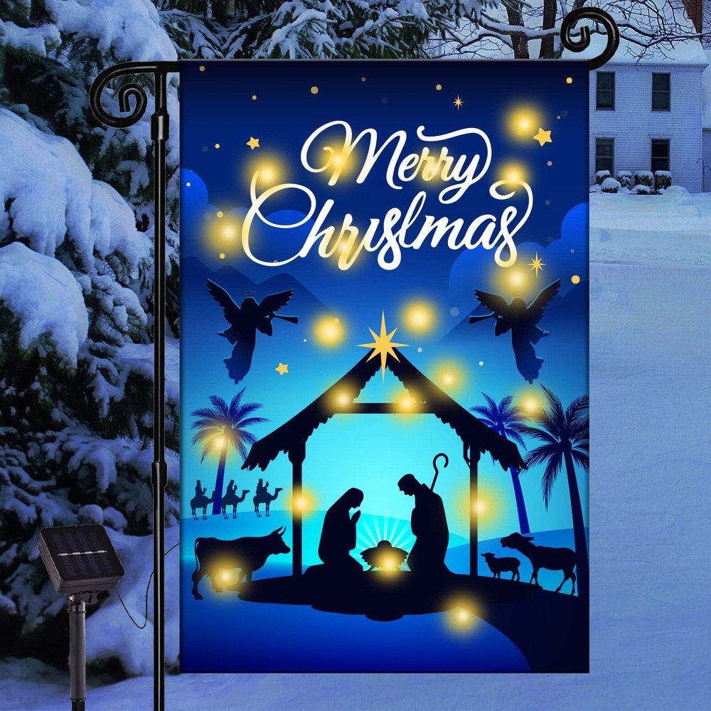 Solar LED Burlap Nativity Christmas Lighted Garden Flag Outdoor Holiday Decor
