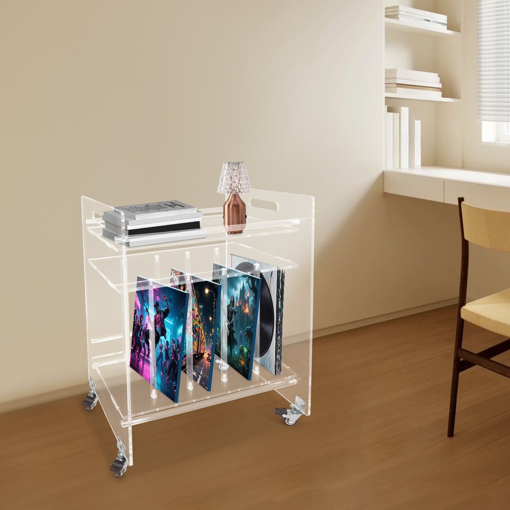Acrylic Record Player Stand with Storage and Wheels