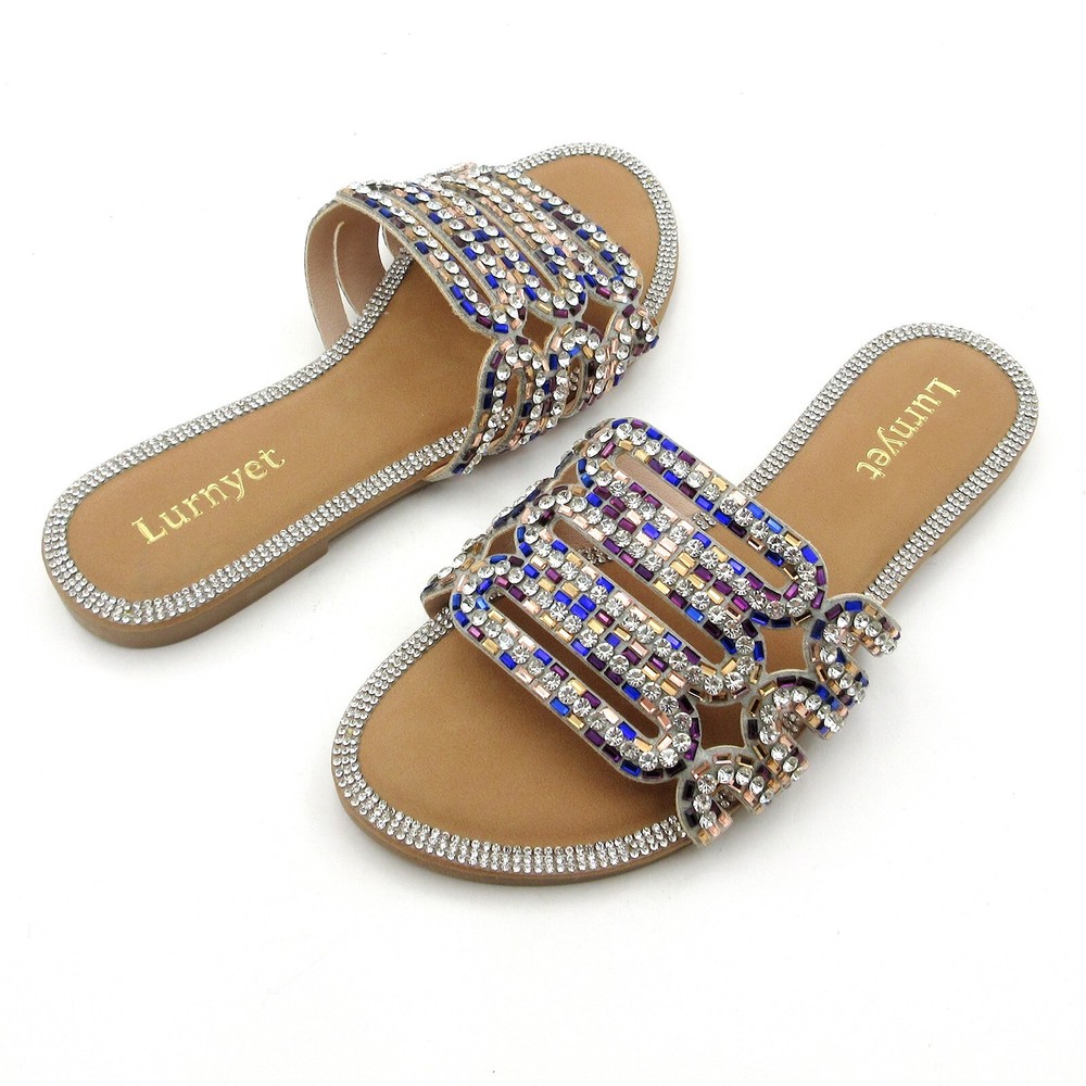 Lurnyet Womens Crystal Rhinestone Summer Slide Sandals with Multi-Color Jeweled Design