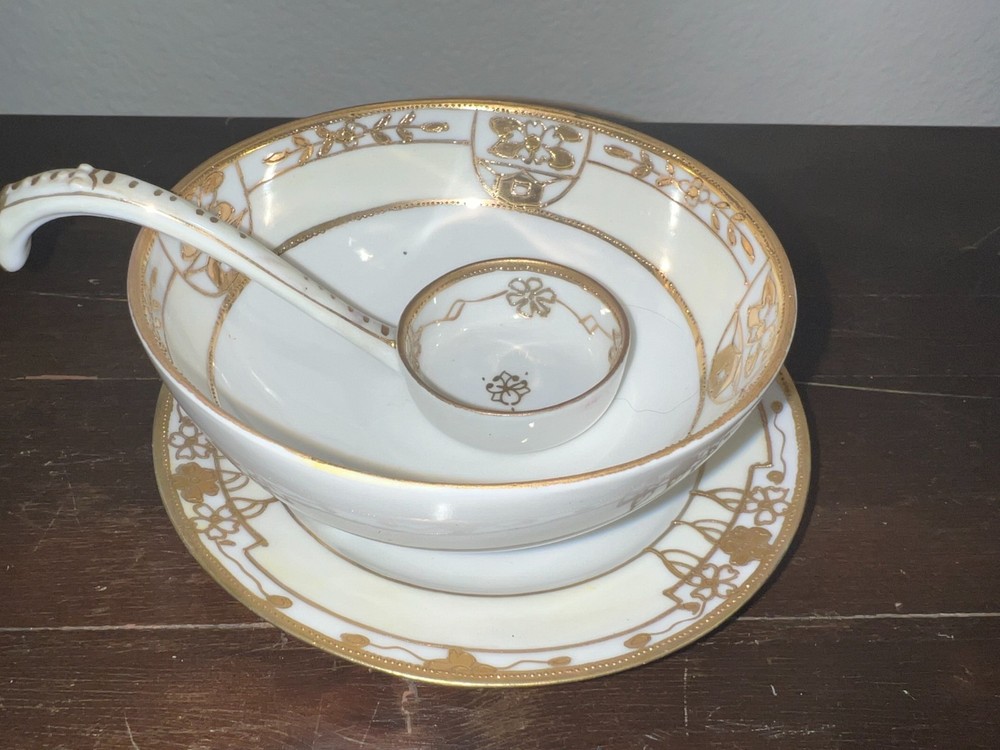 Nippon Hand Painted Floral Gold Trim Footed Soup/Condiment Bowl, Plate + Spoon