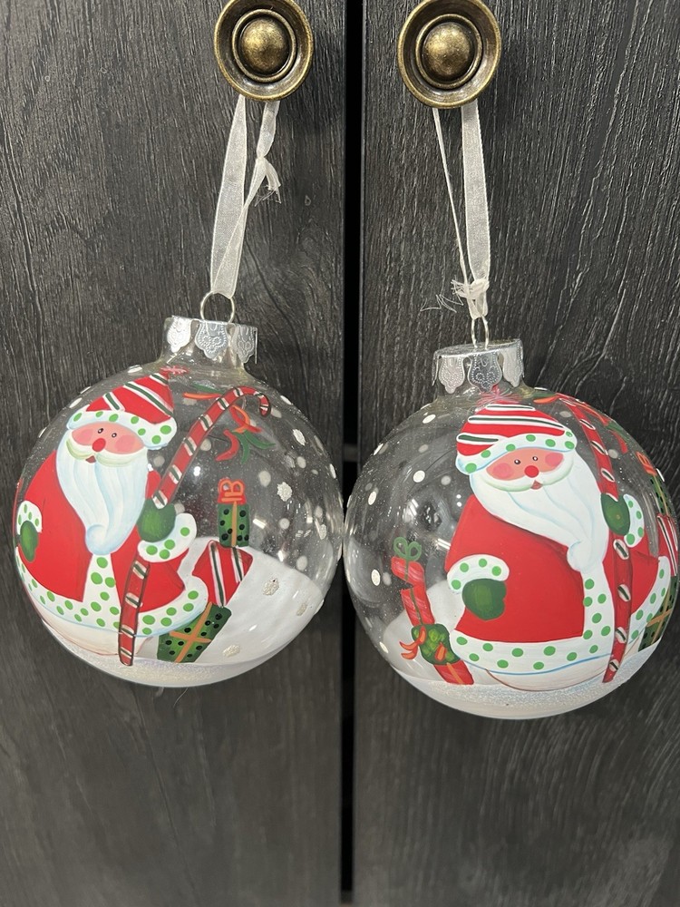 Pier 1 Imports Clear Glass Hand painted Santa Ball Ornaments Set Of 2 Pre-Owned