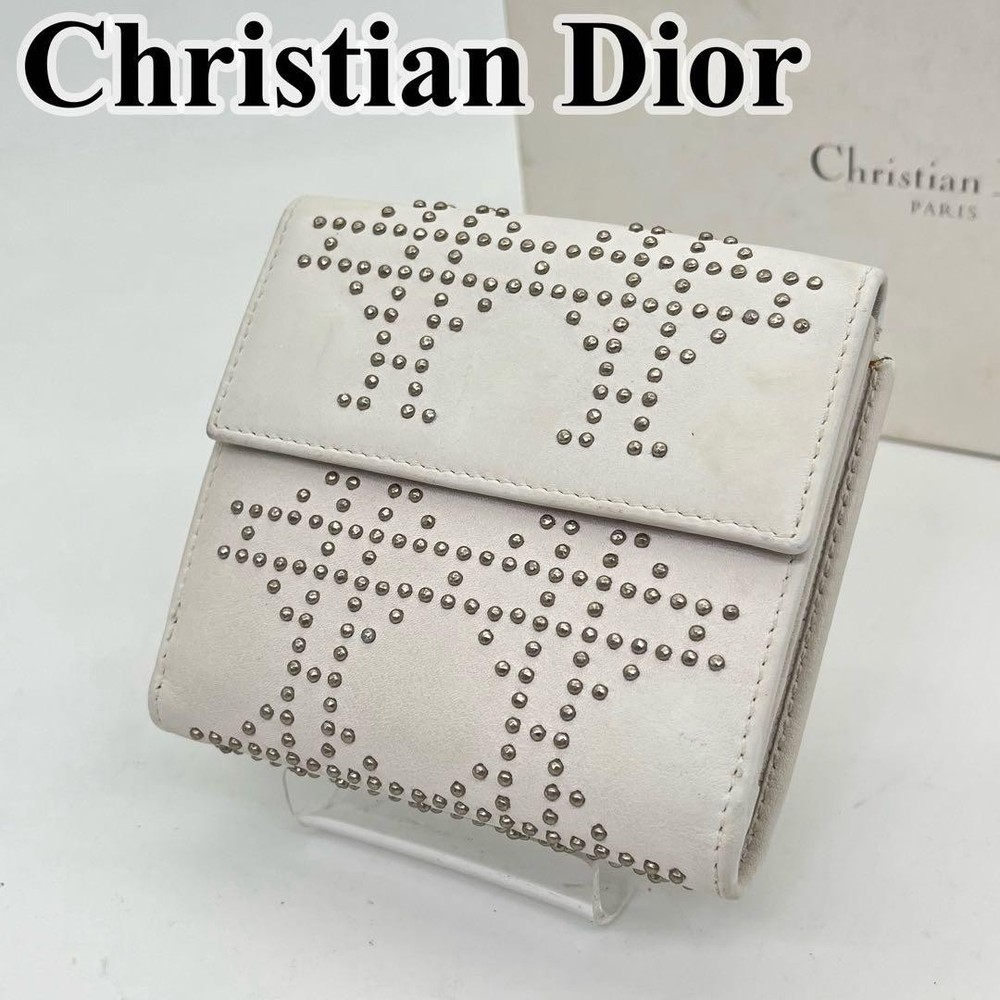 Christian Dior Studded Canage Leather Bifold Wallet in White