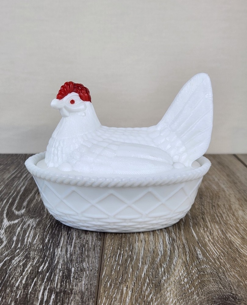 Vintage Westmoreland White Milk Glass Hen on Nest Candy Dish with Chicken Design