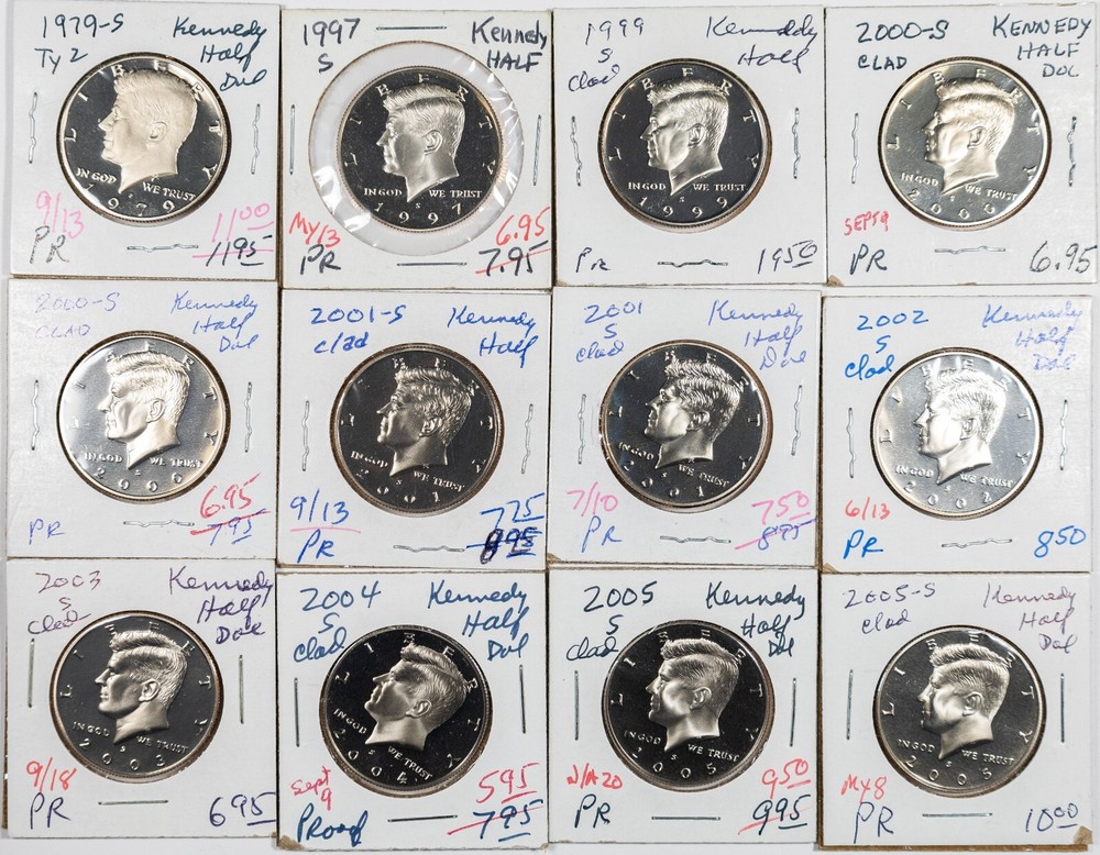 1979-S to 2005-S Gem DCAM Proof Kennedy Half Dollars SET OF 12 COINS, All Clad