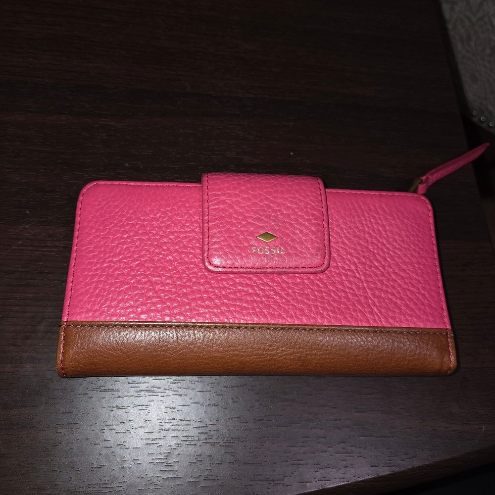 Fossil Pink Brown Pebbled Leather Wallet Bifold Clutch Zipper Snap