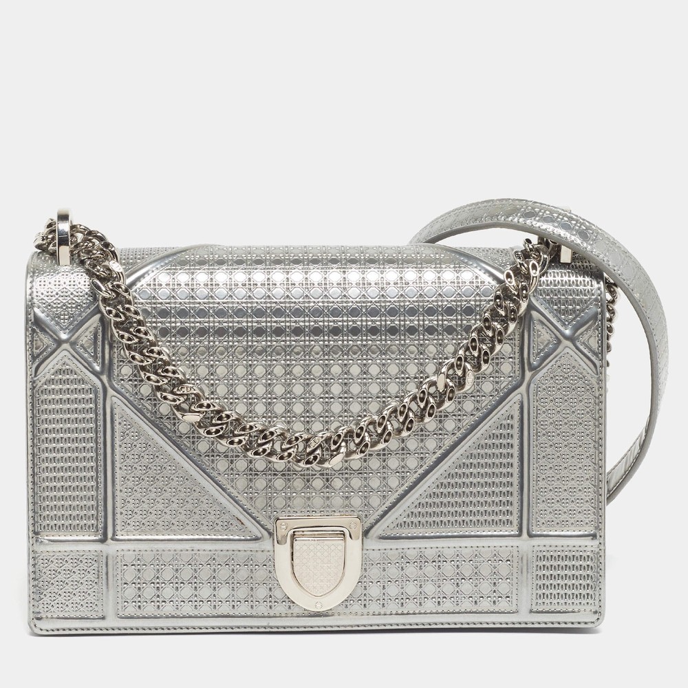 Dior Diorama Medium Grey Microcannage Patent Leather Shoulder Bag