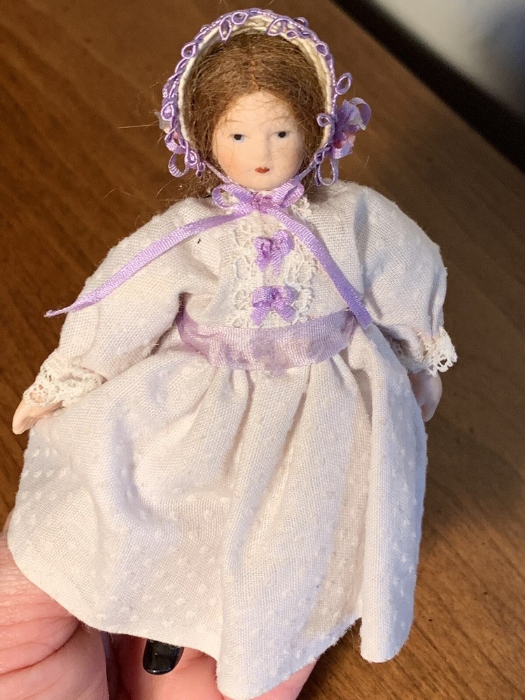 Vintage Brunette Artist Dollhouse Porcelain Face Rag Doll with Limbs  