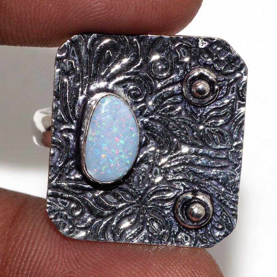 Ethiopian Opal Ring Handmade Size 9 Natural Stone Jewelry Fresh Stock