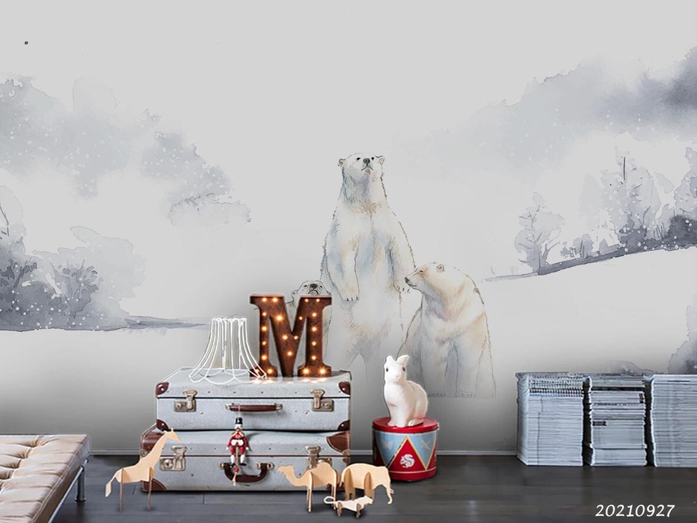 3D Watercolor Forest Polar Bear Wall Murals Wallpaper Murals Wall Sticker 136