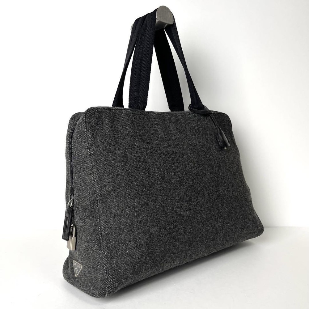 Prada Tote Bag Handbag Triangle Logo Wool Gray