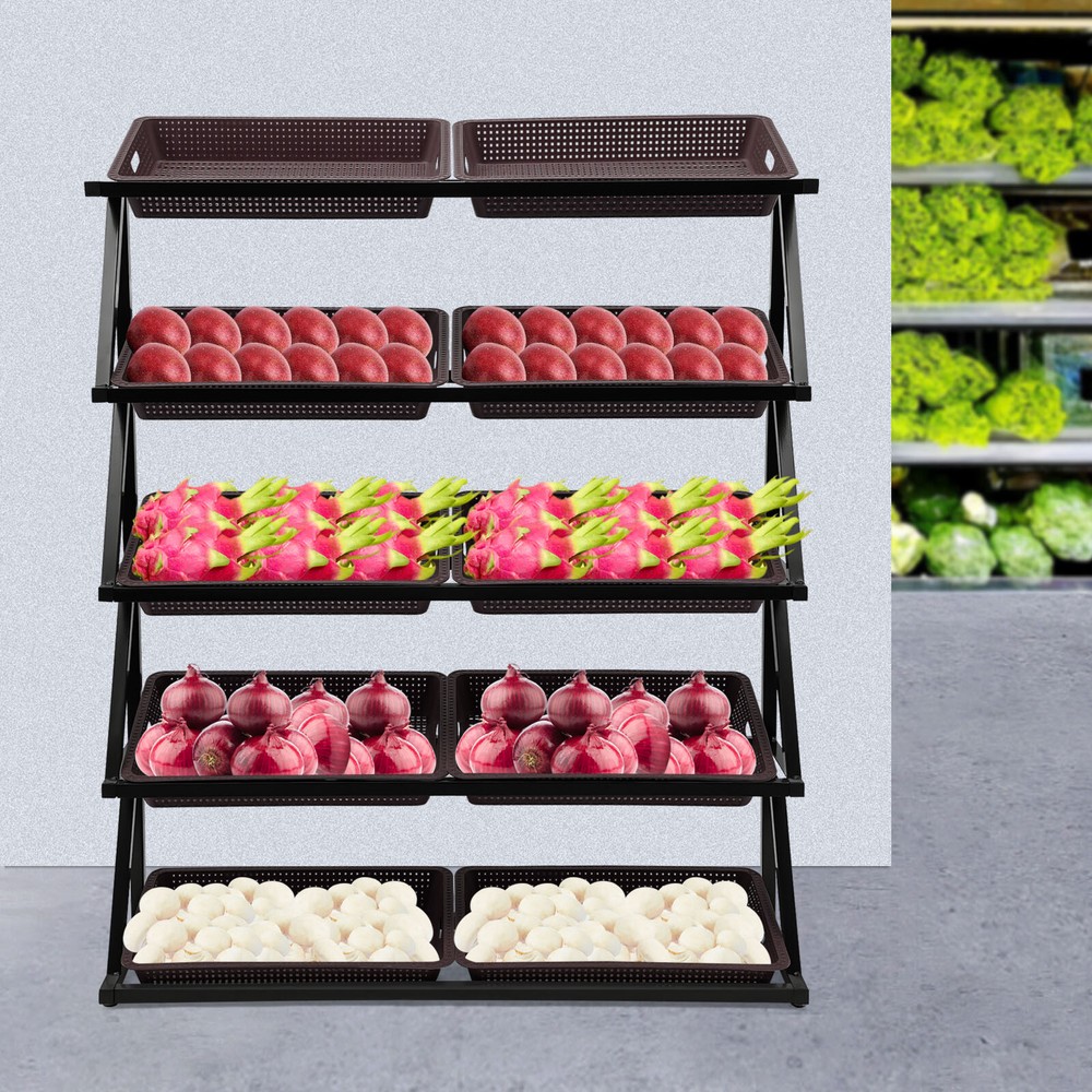 Adjustable Market Display Rack with 10 Snack Baskets for Fruits & Veggies