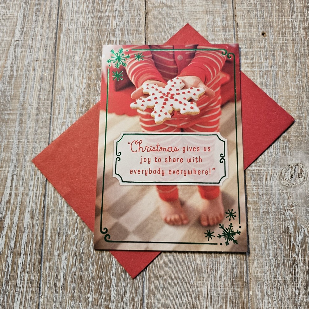 Festive Holiday Christmas Card with Baby Footprint Cookie Design in Red and Green