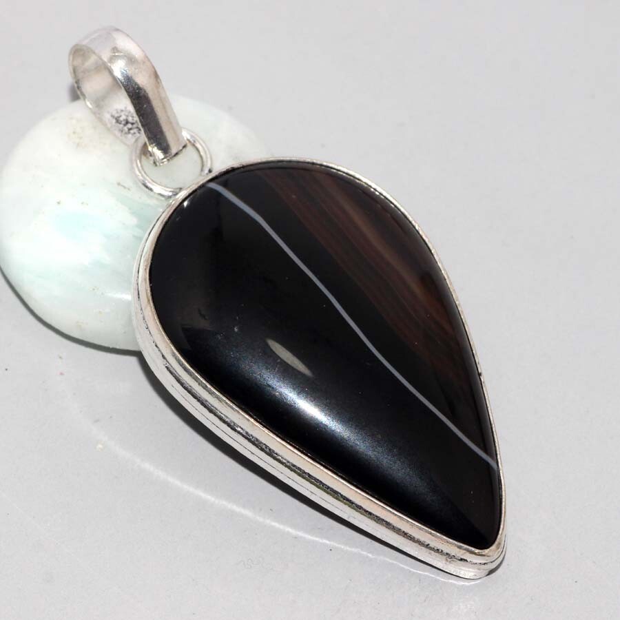 Banded Black Onyx 925 Silver Plated Gemstone Handmade Pendant 2