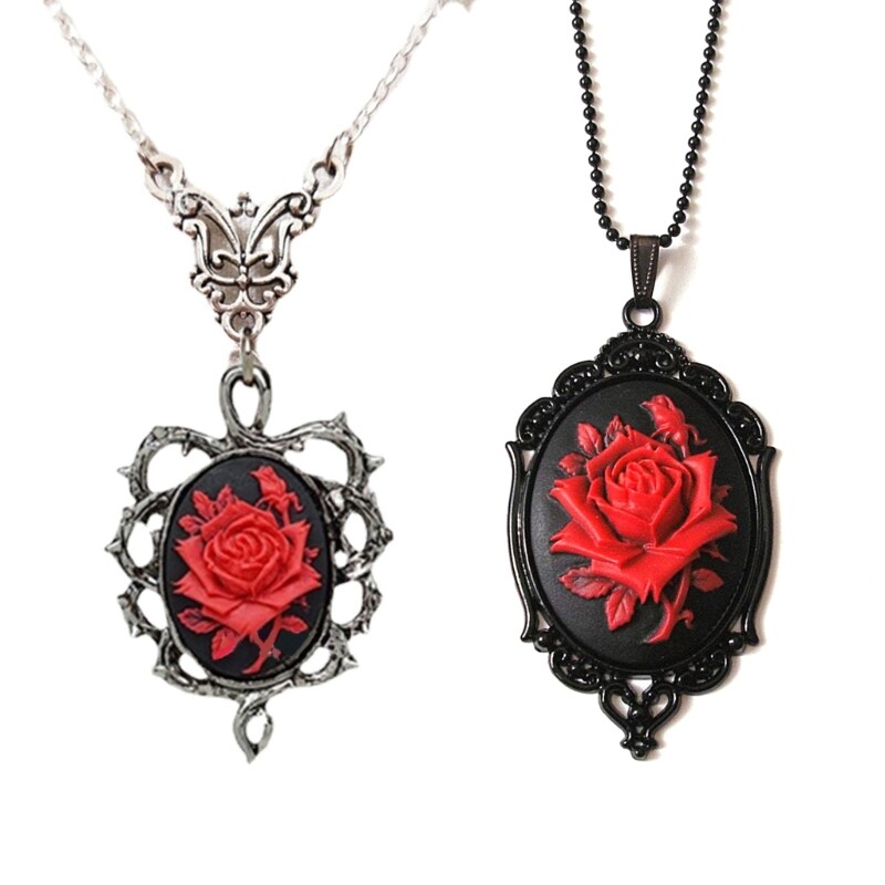 Vintage Gothic Rose Necklace Victorian Black Red Flower Pendant Necklace Jewelry
