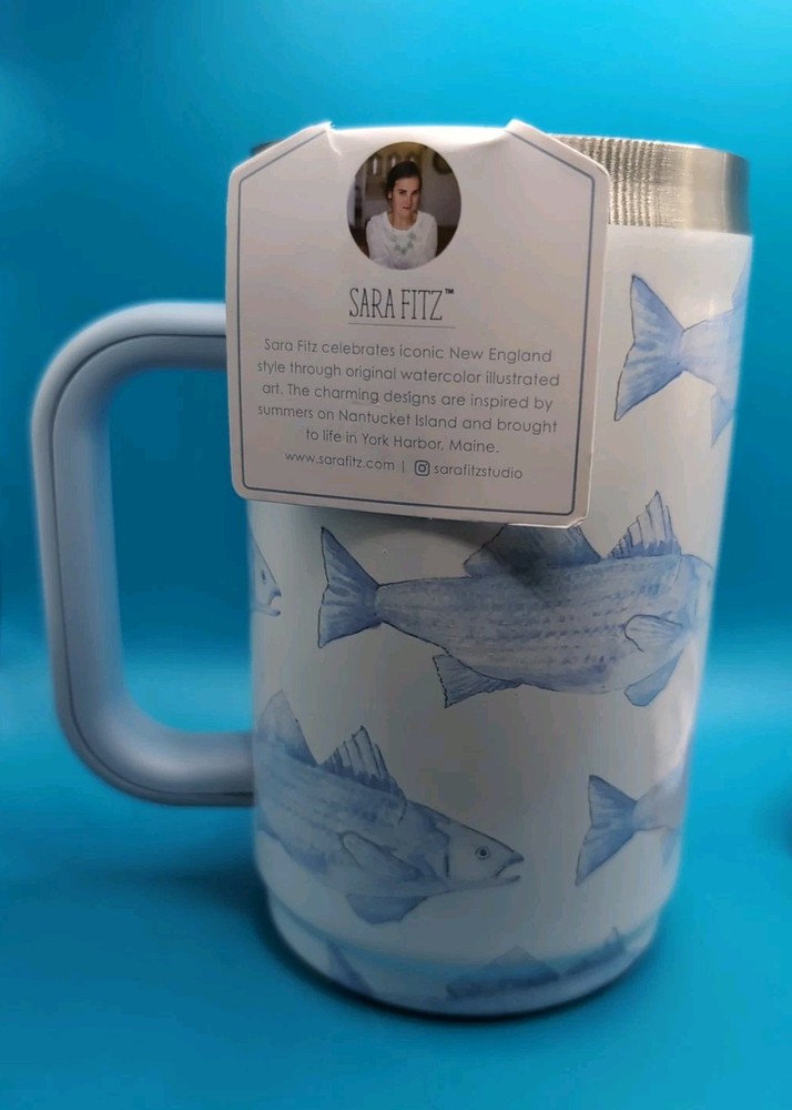 Sara Fitz Blue Fish Boulder Mug Insulated Drinking Cup 20oz. Stainless Steel 6”