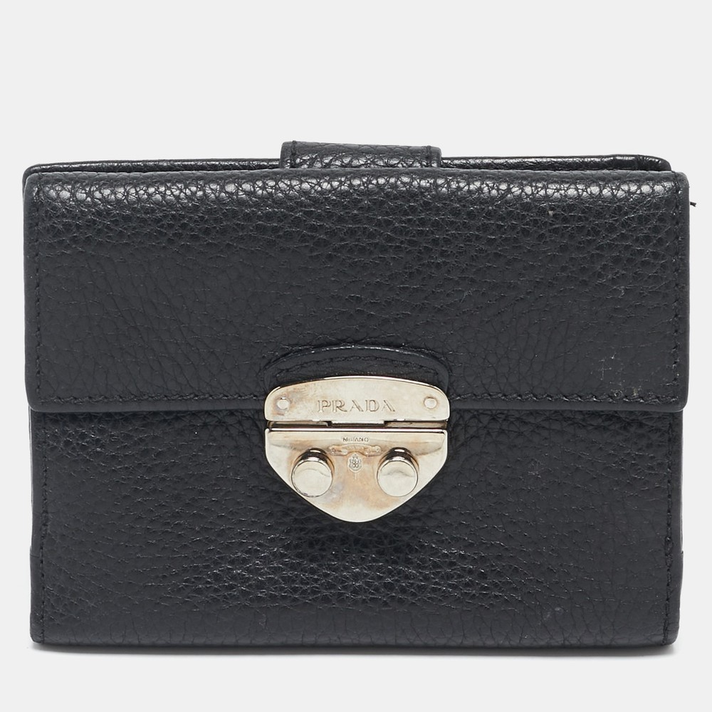 Prada Black Leather Compact Wallet with RFID Protection
