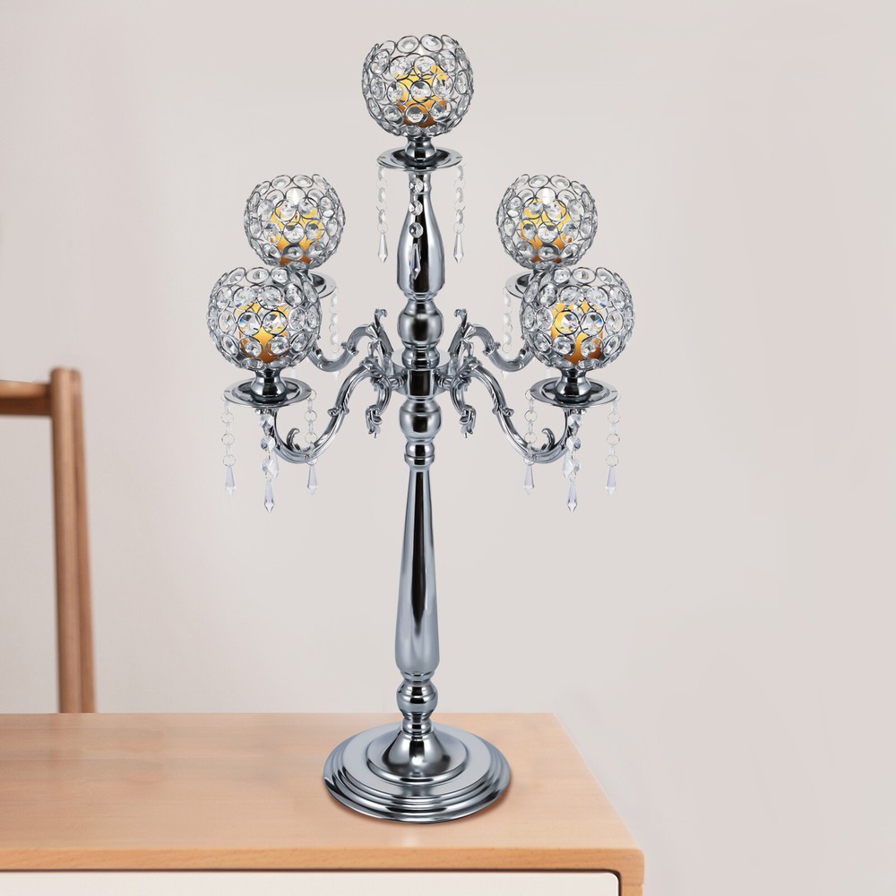 75cm Table Candelabra Votive Candle Stick Holder 5 Arm Glass Crystal Centerpiece