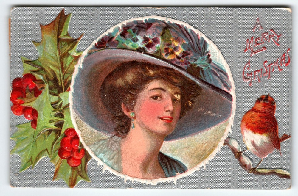 Victorian Christmas Postcard Women Big Hat Robin Bird Embossed Branch Design