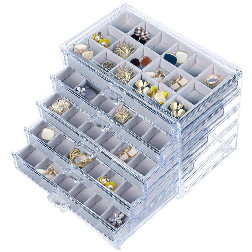 Acrylic Jewelry Box 5 Drawer Earring Organizer Clear Velvet Storage Display