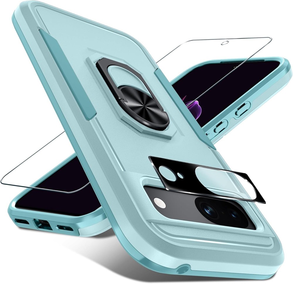 For Google Pixel 8A 5G Case With Built in Metal Ring Holder Kickstand Mint Green