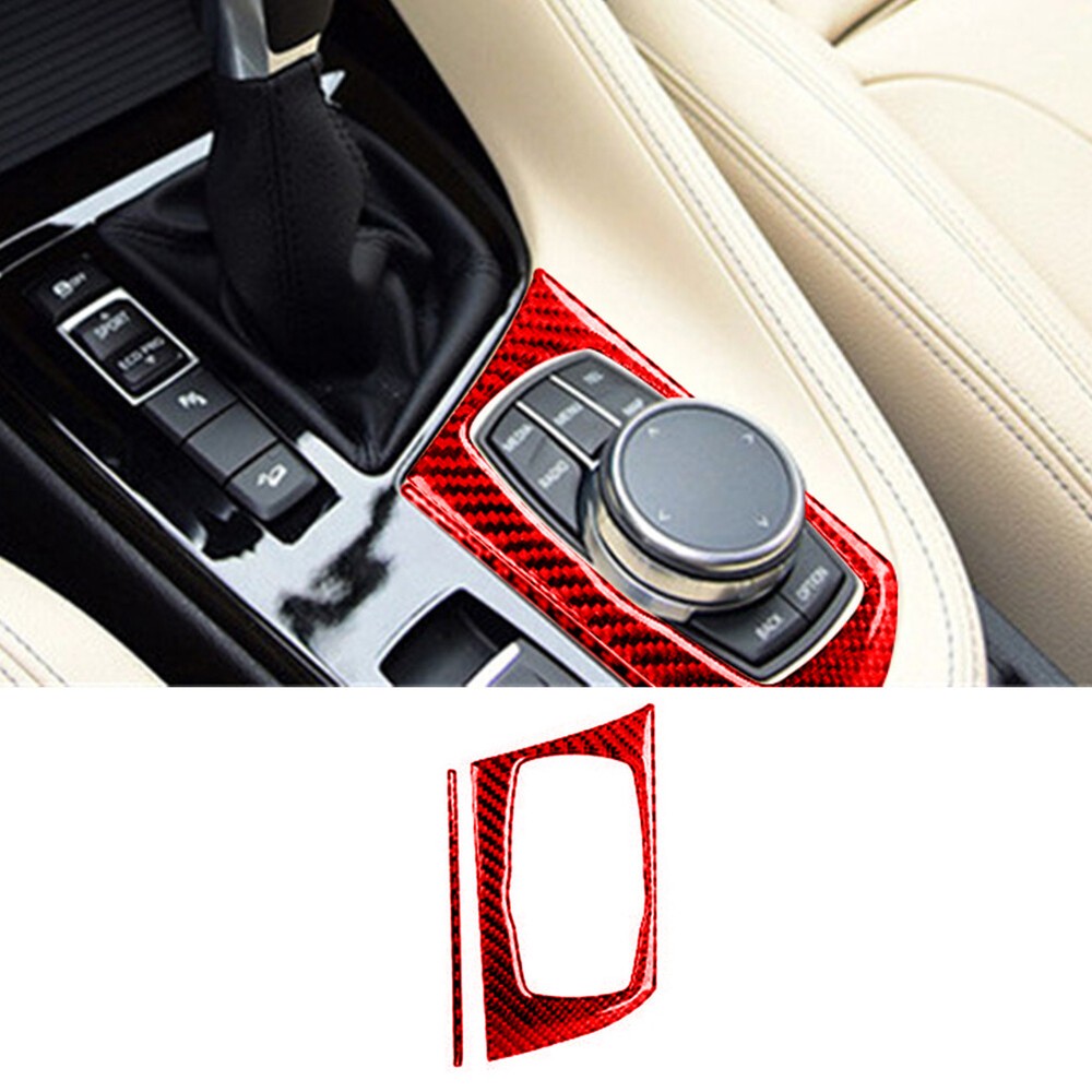 2Pcs Red Carbon Fiber Gear Shifter knob Cover Trim For BMW X1 F48 2016-2018