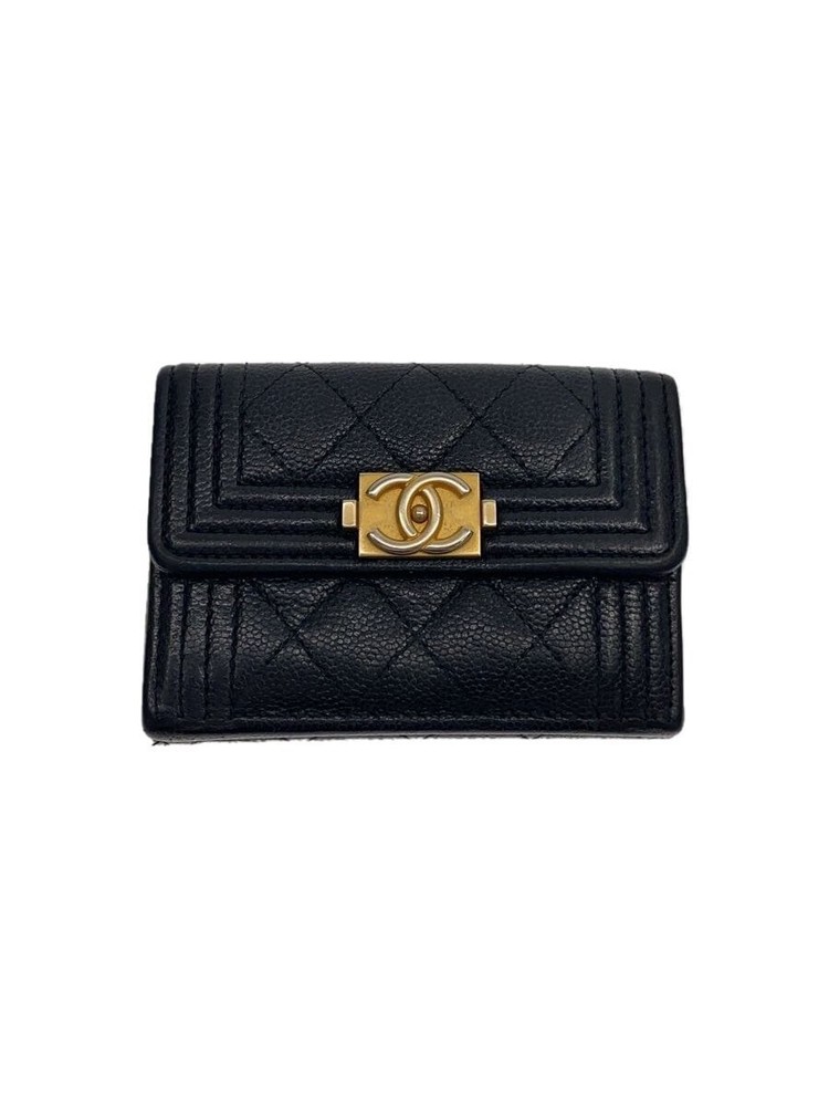 CHANEL Boy Caviar Leather Compact Wallet A84432 Black Pre-Owned