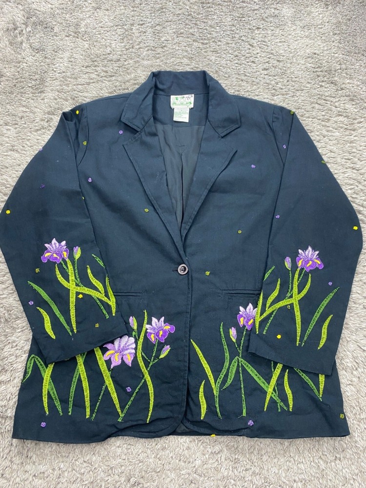 Quacker Factory Jacket Womens Small Floral Embroidered Chore Coat Blazer Vtg Y2K