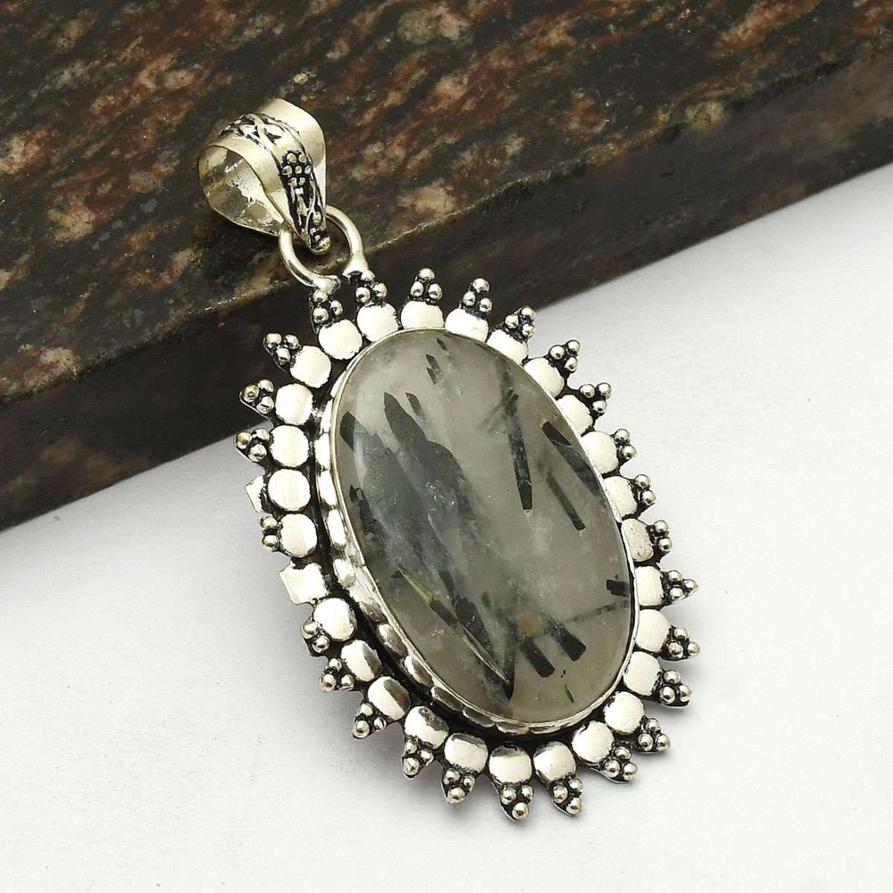 Black Rutile Gemstone Handmade Pendant Jewelry Gift For Her 2.44