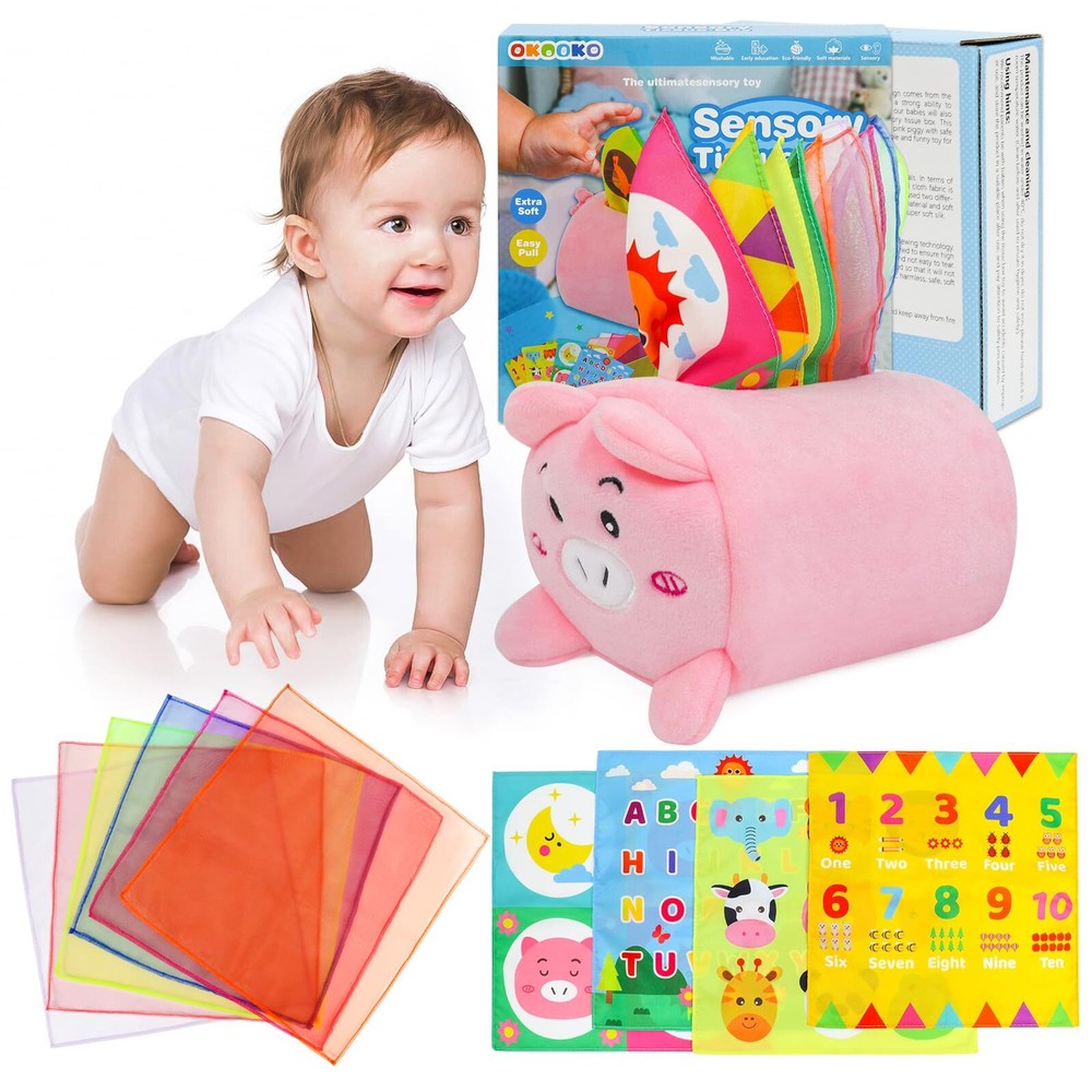 OKOOKO Tissue Box Toy for Baby 6 to 12 Months Soft Stuffed Sensory Toy Streng...