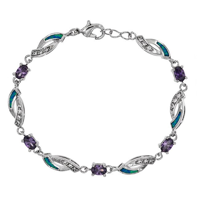 3CT Amethyst & Australian Opal Inlay 925 Sterling Silver Tennis Bracelet OX5