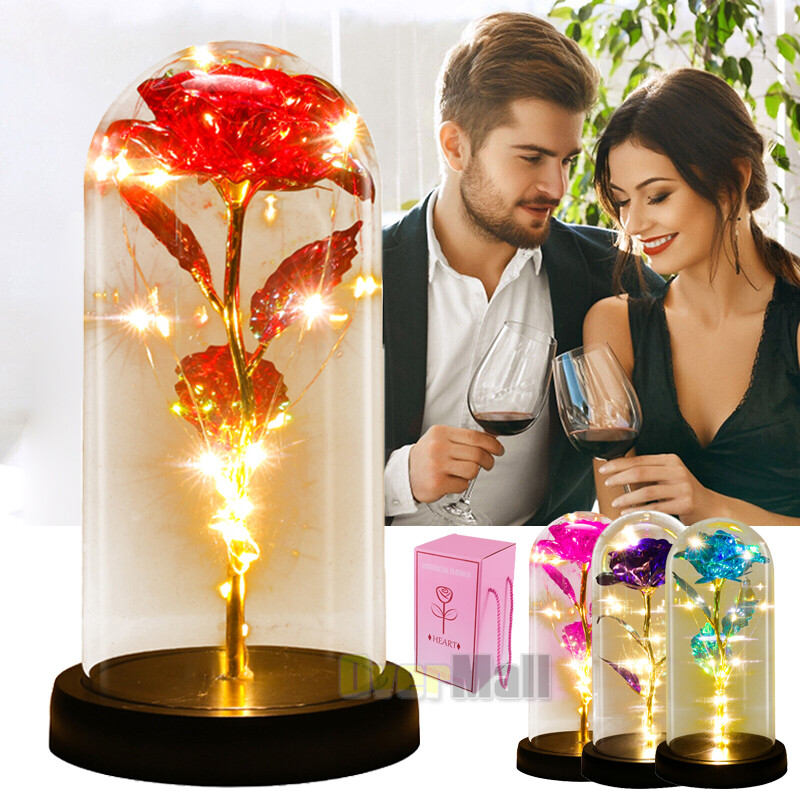 Eternal Rose Forever Flower In Glass Dome LED Light Lamp Valentine Gift for Girl